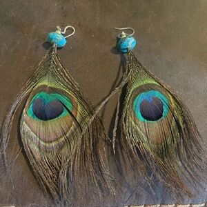 Peacock Feather Earrings with Turquoise Accents